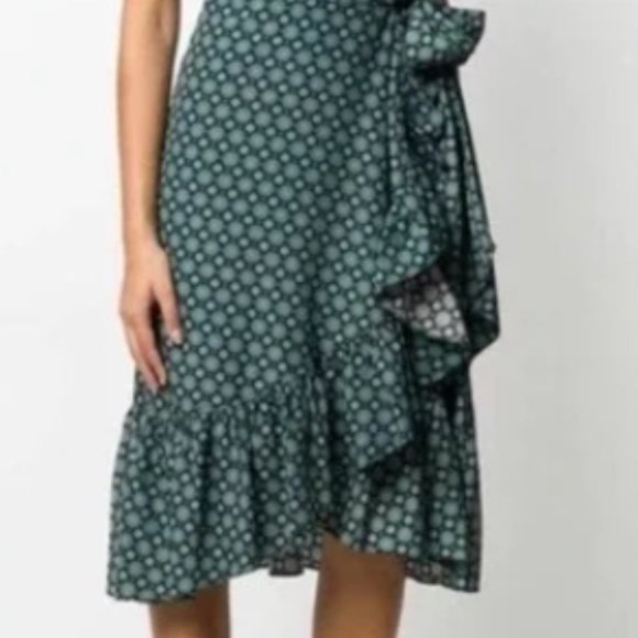 Tory Burch Green Blue and Black Batik Ruffle Wrap Dress size 6 - Picture 2 of 3